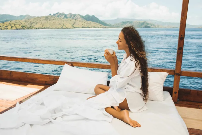 Morning coffee on the deck of a boat off Waikiki