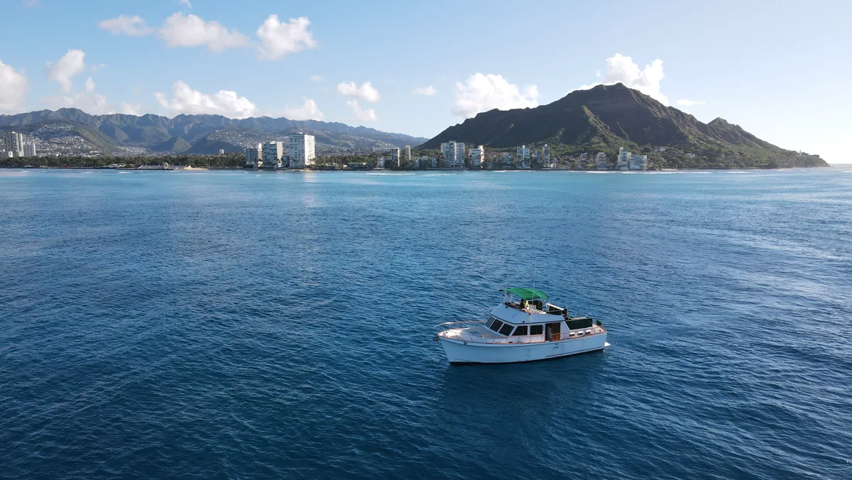 Aerial drone view of the Kona Star cruising the south shore