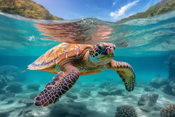 Snorkelers swimming with sea turtles at Turtle Canyon in Hawaii